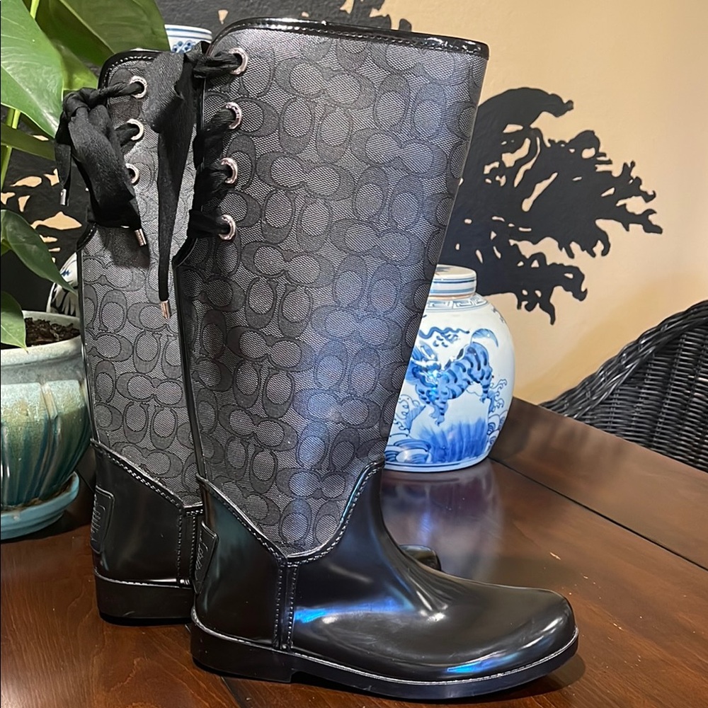 Coach Monogram Lace-Up Rain Boots, Size 9 /9.5 (EU 40)